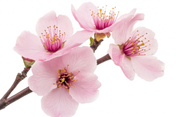 Delicate pink cherry blossoms in full bloom on a slender branch. intricate stamen details against a clean white background. perfect for nature-themed decor or botanical studies