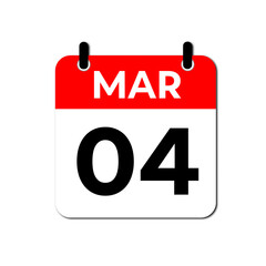 Calendar Icon Showing March 4th. Date Reminder Symbol in Red and White Flat Design Vector