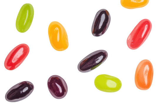 A assortment of colorful jelly beans scattered playfully against a clean white background. perfect for candy-themed events. advertisements. or festive occasions