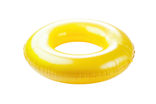 A bright yellow inflatable swimming ring floating against a clean white background. perfect for summer pool parties or beach outings. emphasizing fun and relaxation