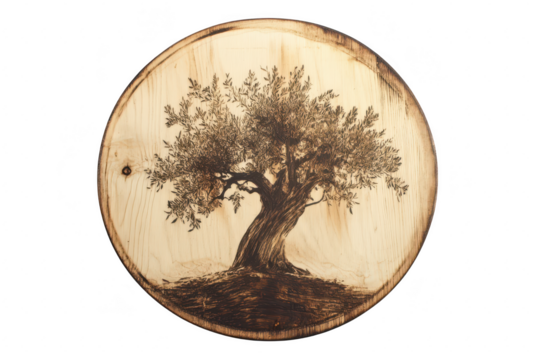 A beautifully crafted wooden round plaque featuring an intricately burned illustration of an olive tree. set against a light wood background. natures artistry