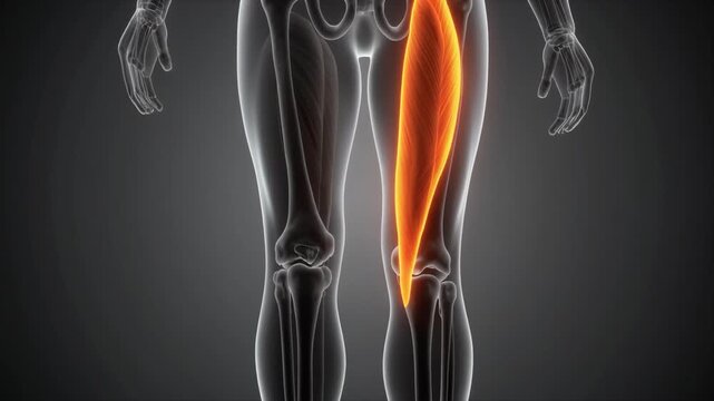 Anatomical illustration shows the quadriceps muscle in the human thigh