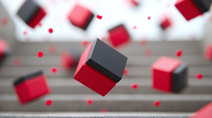 Festive gift box avalanche concept with red and black cubes in motion