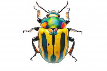 A vibrant. multicolored beetle with striking yellow and green patterns. resting on a white surface. its intricate details and natural beauty. ideal for educational and artistic purposes