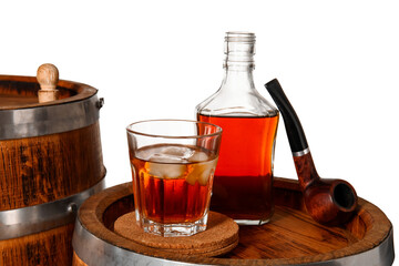 Wooden barrels with smoking pipe, bottle and glass of cold rum on white background