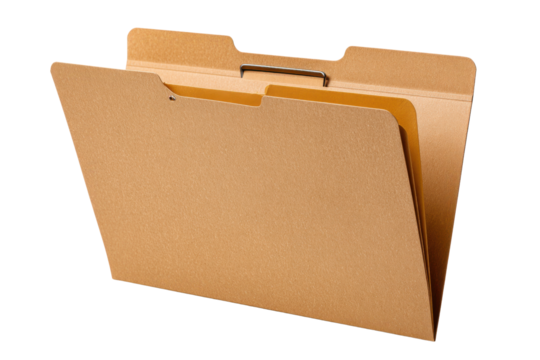 Open manila file folder with metal clip and tabs on black background paper document, Isolated On Transparent Background, Png - Powered by Adobe