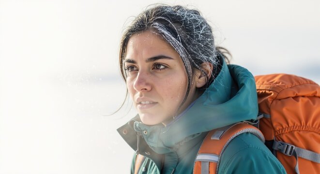 Close-up of a female hiker with frost in her hair in the cold snow. Young woman on a winter adventure expedition wearing a jacket and backpack