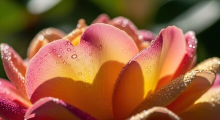 Closeup of a vibrant pink and yellow rose with water droplets on its petals in natural sunlight