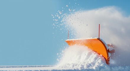 Obraz premium Close-up of an orange snowplow blade pushing snow. Winter road maintenance and snow removal service. Clear blue sky with copy space
