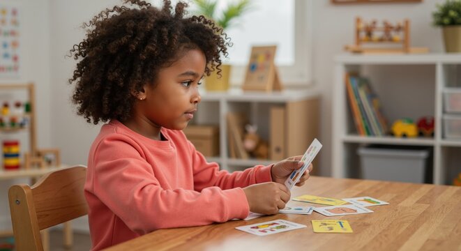A focused african american girl learning with educational flashcards in a classroom. A young child concentrating on a cognitive development activity at preschool