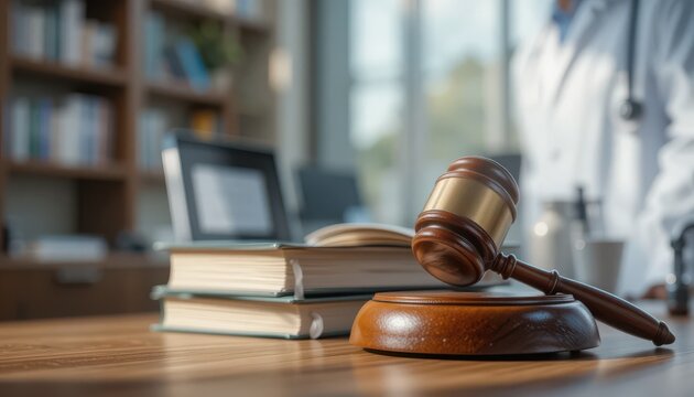Judge's gavel on medical books in a modern doctor's office, symbolizing legal aspects of healthcare.