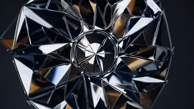 Abstract video featuring a geometric, metallic structure with a kaleidoscopic pattern. Top-down angle enhances the reflective, futuristic style. Live desktop wallpaper.