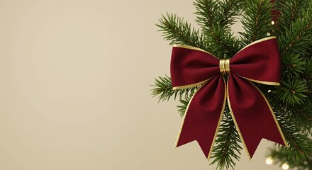 Red velvet Christmas bow with gold glitter on pine tree branch. Festive holiday decoration background with copy space