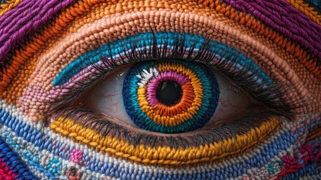 Detailed, colorful eye embroidery with diverse patterns and vibrant stitches