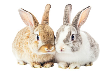Obraz premium Two adorable rabbits. one brown and one gray and white. sit closely together on a clean white background. their fluffy fur and playful expressions. ideal for animal-themed content