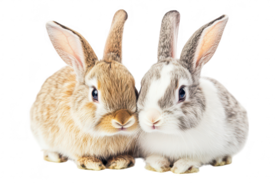 Two adorable rabbits. one brown and one gray and white. sit closely together on a clean white background. their fluffy fur and playful expressions. ideal for animal-themed content