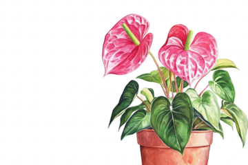A watercolor illustration featuring two pink anthurium flowers in a terracotta pot. surrounded by lush green leaves. set against a clean white background. ideal for botanical art enthusiasts