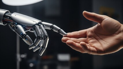 Robotic hand touching human hand futuristic setting digital interaction technology concept close-up view