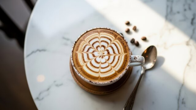 Captivating latte art creation modern  beverage photography contemporary interior top-down view culinary creativity