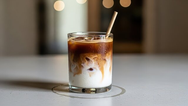 Sipping refreshing iced coffee in a cozy  close-up beverage photography bright atmosphere inviting beverage concept