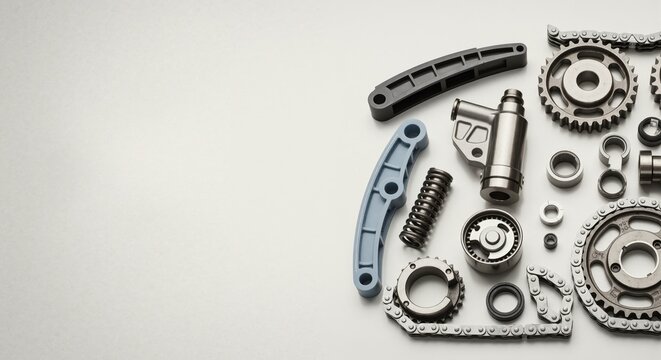 Car engine parts flat lay on white background. Automotive timing chain kit with gears and tensioner. Auto repair and maintenance concept with copy space