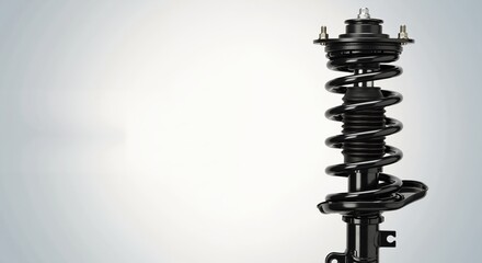 Car shock absorber and spring assembly isolated on white background. Automotive suspension strut part with copy space. Auto maintenance concept