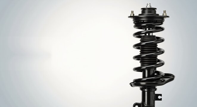 Car shock absorber and spring assembly isolated on white background. Automotive suspension strut part with copy space. Auto maintenance concept