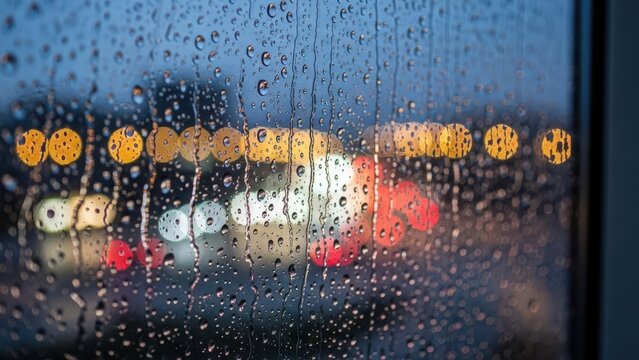 Raindrops on window pane urban environment photo evening atmosphere abstract view mood of rainy days