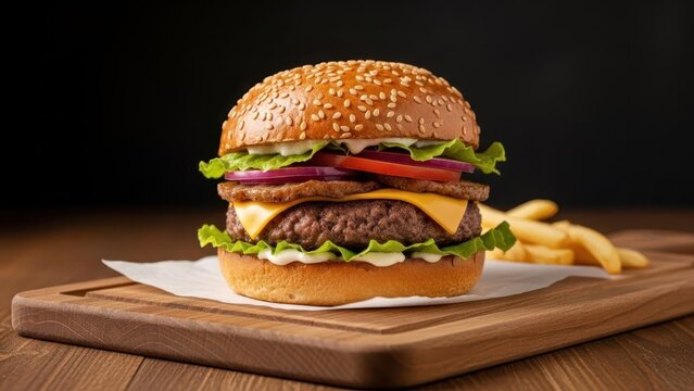 Delicious cheeseburger with fries fast food restaurant food photography indoor setting close-up culinary delight - Powered by Adobe