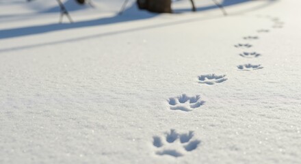 Close-up of animal paw prints in the snow. A trail of wildlife tracks in a winter landscape with bright sunlight and shadows