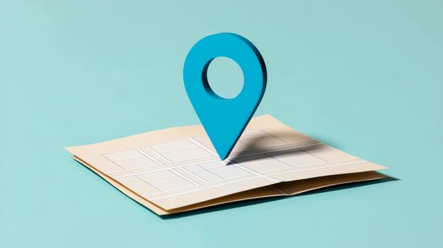 Blue 3D location pin marker on folded paper map for navigation and travel concept