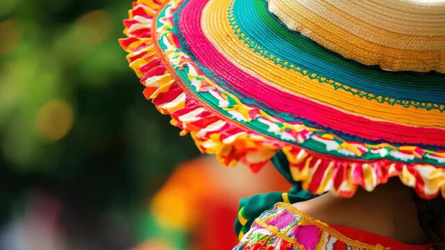 Vibrant traditional hat and dress with intricate colorful patterns