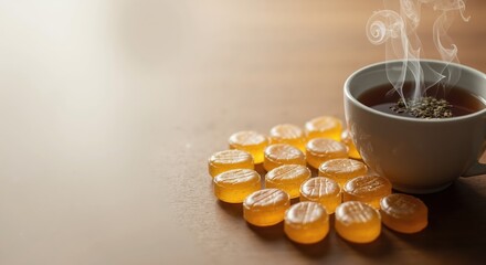 Soothing hot tea and honey lozenges on a wooden background. A warm drink for comfort during cold and flu season. Natural remedy concept with copy space