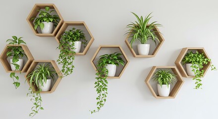 Elegant green potted plants beautifully displayed on unique hexagonal wooden shelves, creating a refreshing and stylish accent in modern interior home decor