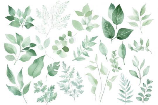 A collection of various green leaves and botanical elements diverse shapes and textures. perfect for nature-themed designs or backgrounds in creative projects