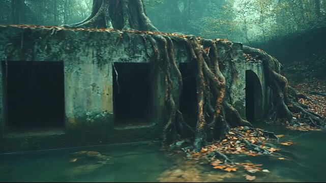 Abandoned structure with roots in misty forest