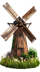 Wooden windmill stands tall, surrounded by greenery