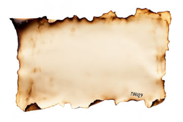 An aged. burnt parchment with charred edges. displaying a faded number in the corner. set against a clean white background. ideal for historical documents or creative invitations