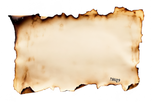 An aged. burnt parchment with charred edges. displaying a faded number in the corner. set against a clean white background. ideal for historical documents or creative invitations