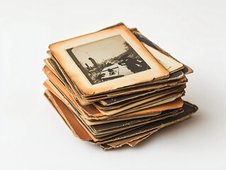 Vintage Photographs Stacked in Weathered Albums on White Background