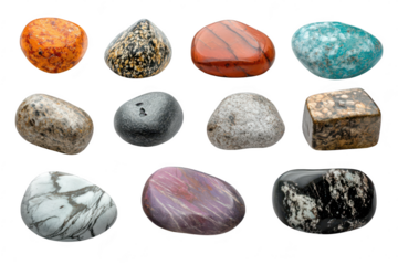 A collection of polished gemstones arranged artistically on a clean white background. their unique colors and textures. perfect for educational or decorative purposes
