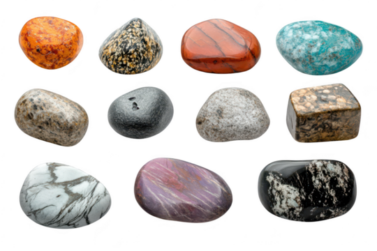 A collection of polished gemstones arranged artistically on a clean white background. their unique colors and textures. perfect for educational or decorative purposes