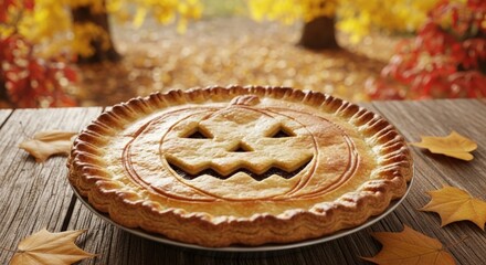 Pumpkin pie with jackolantern face design on a rustic wooden table surrounded by autumn leaves
