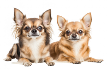 Two charming Chihuahuas lying side by side on a clean. white background. their distinct fur patterns and expressions. ideal for pet-related content or advertisements