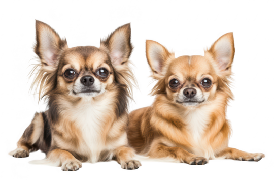 Two charming Chihuahuas lying side by side on a clean. white background. their distinct fur patterns and expressions. ideal for pet-related content or advertisements