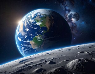 Earth rising, two moons, and a lunar surface with space nebula