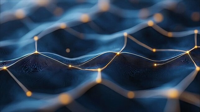 An abstract digital visualization of interconnected nodes and lines forming a network structure over a dark blue, wavy, textured surface with glowing orange poi - Powered by Adobe