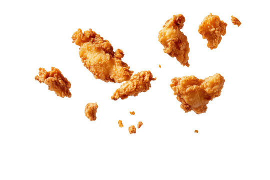 Crispy. golden-brown fried chicken pieces suspended in mid-air against a clean white background. texture and freshness. ideal for food advertising or culinary presentations