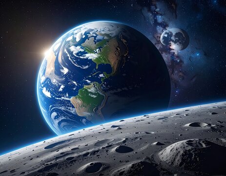 Earth rising, two moons, and a lunar surface with space nebula