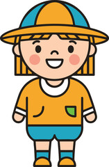 A cute flat vector illustration of a smiling cartoon child wearing a yellow bucket hat, matching shirt, and blue shorts, designed with bold outlines 